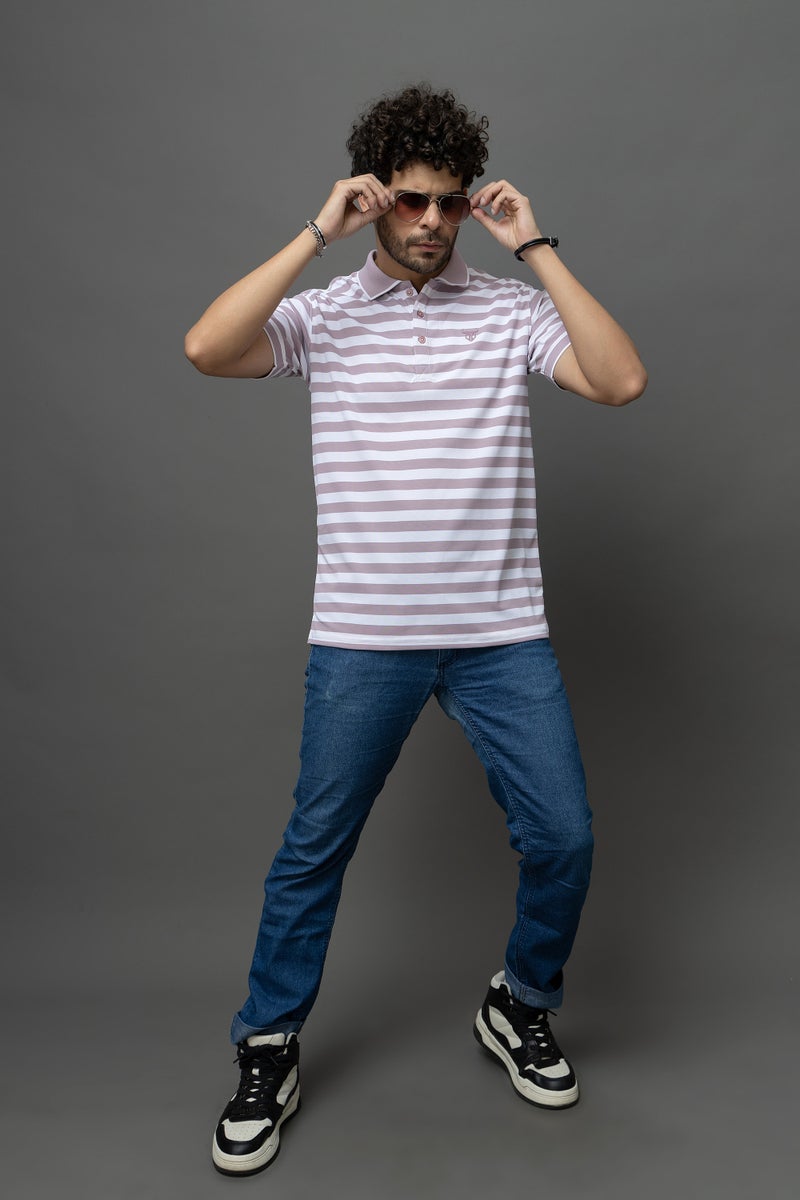 GO DEVIL Purple & White Striped Polo T-Shirt for Men - Image 3